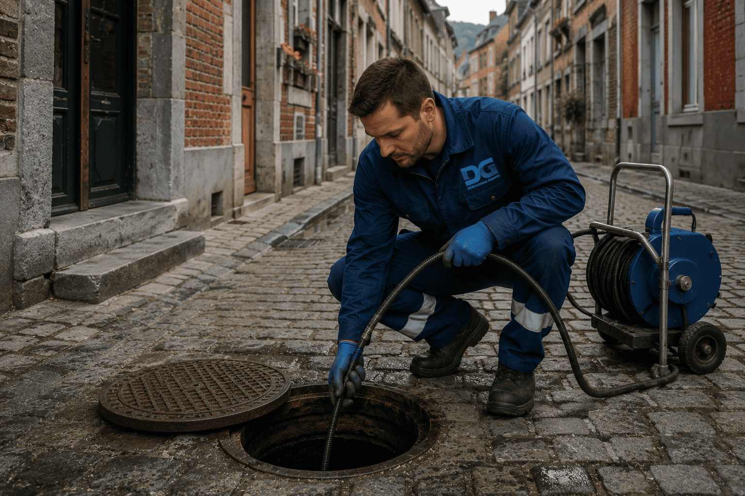 Technicien débouchage colonne évacuation immeuble appartements à Liège Belgique