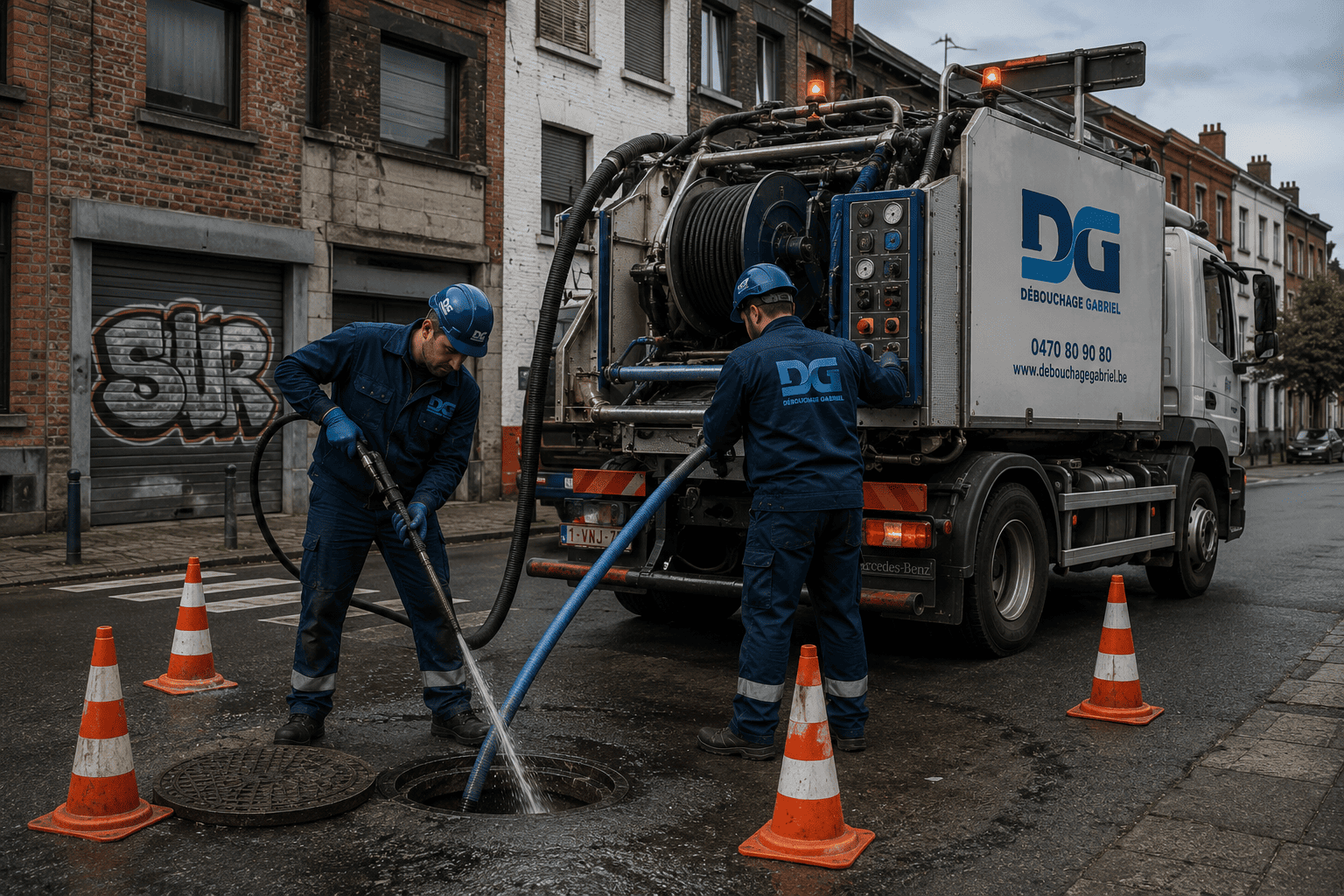 Technicien fraisage machine débouchage vieux réseau égout industriel Charleroi Belgique