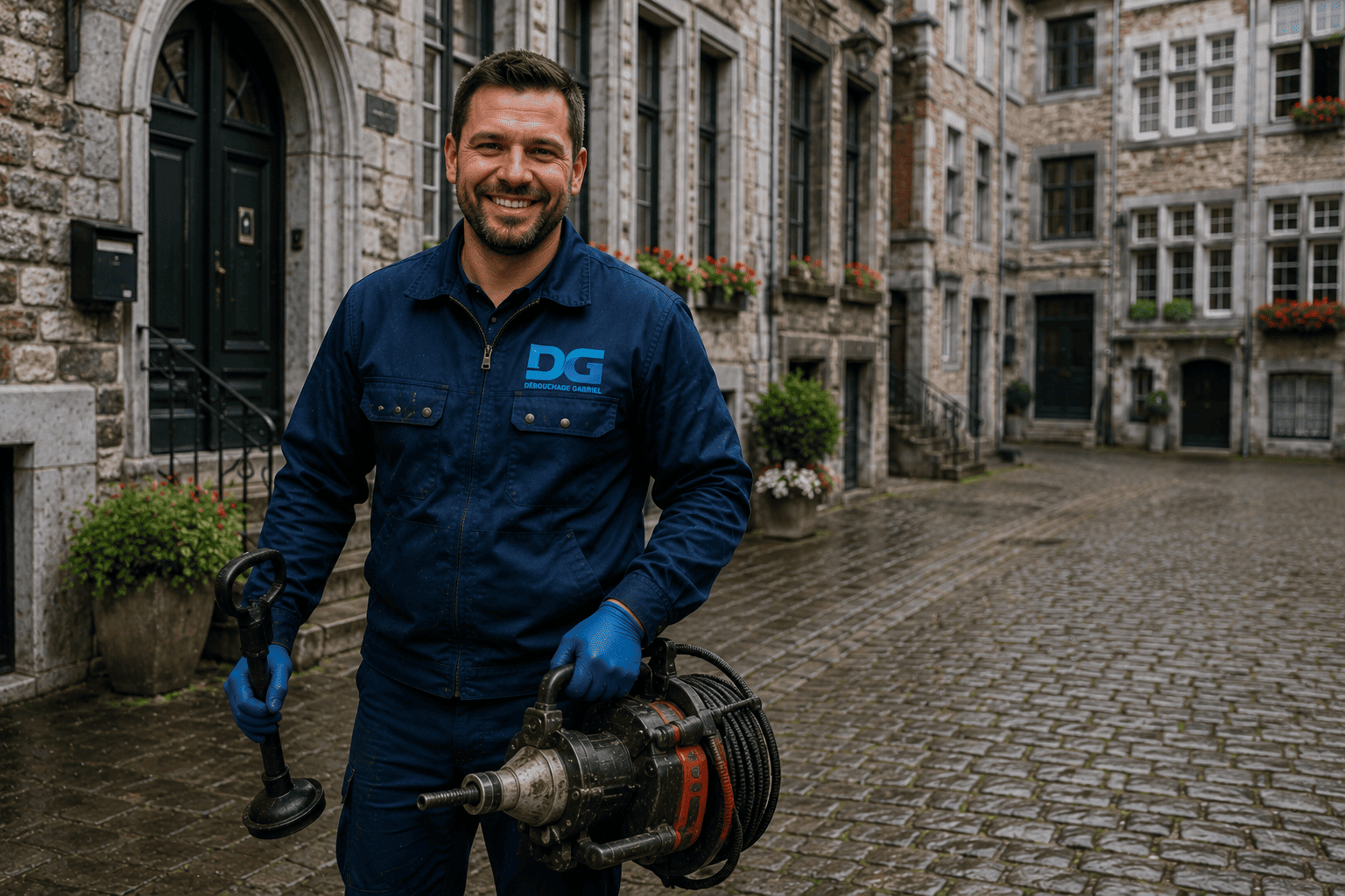 Technicien débouchage soigneux vieux tuyaux patrimoine bâti historique à Mons Belgique